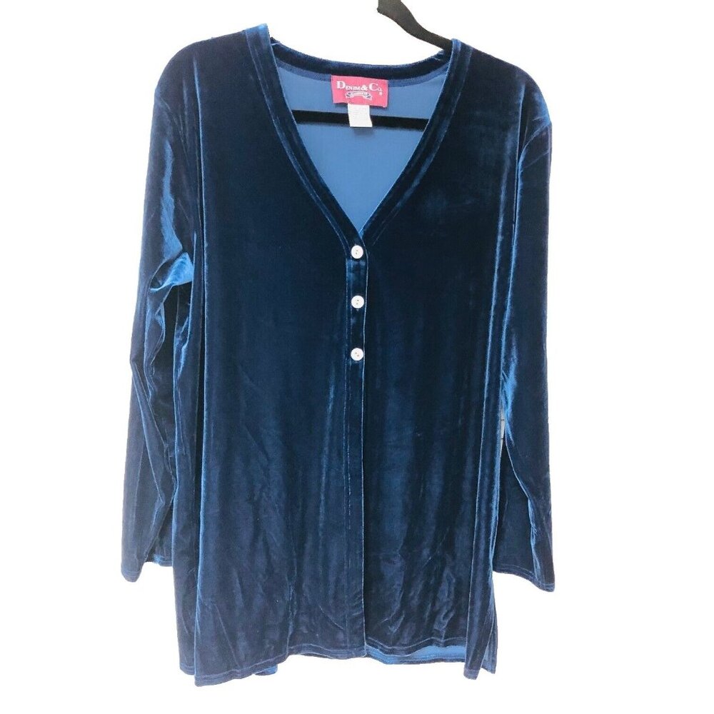 Denim & Co Womens L Topper Duster Sweater Navy Velour Velvet Jacket‎ Stretch QVC